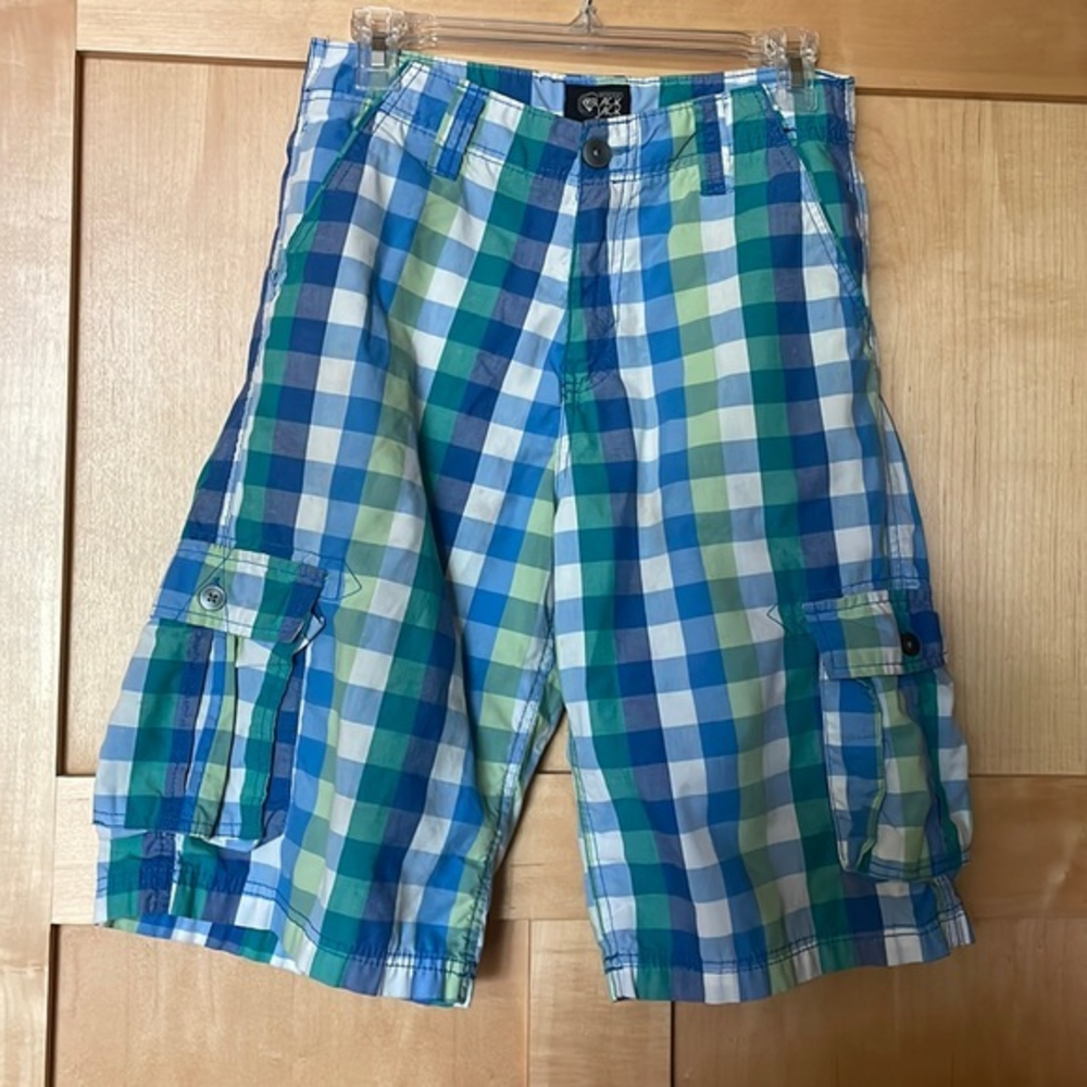 Black Jack Boy’s Colorful‎ Checked Cargo Shorts Blue Green White Size 16